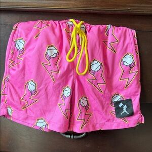 Baseballism Pink Lightning Volleyball Print Swim Shorts with Yellow Drawstring
